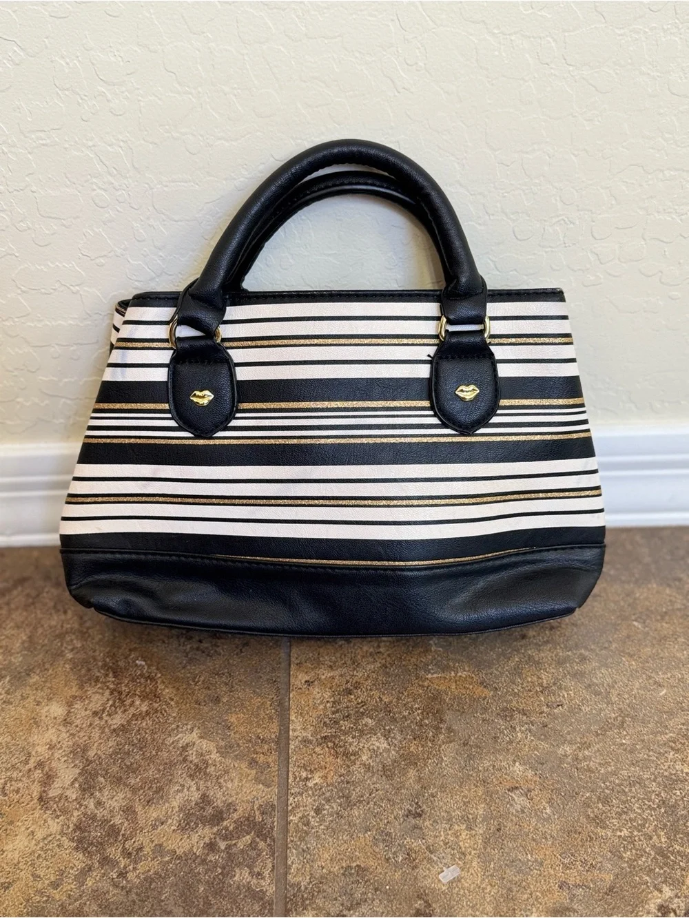 Luv Betsey by Betsey Johnson Striped Satchel Handbag Black White Gold Y2K